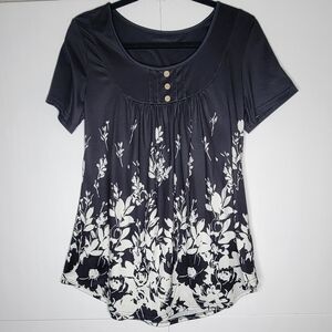 Gray Floral Ombre Button Detail Short Sleeve Top — Size S